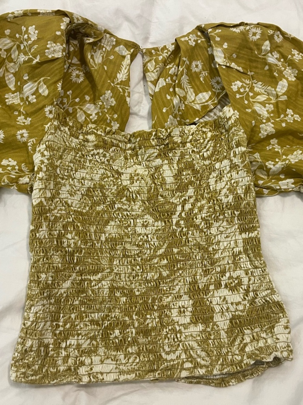 Anthropologie Olive Floral Smocked Puff-Sleeve Crop Top